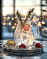 Glass pitcher filled with ice water, garnished with fresh rosemary sprigs and strawberry slices, set against blurred bokeh lights, creating refreshing summer drink atmosphere.