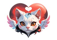 Adorable winged cat character with white fur and orange eyes in heart-shaped frame, perfect for valentine cards, stickers or children book illustrations. Digital art design on isolated background.