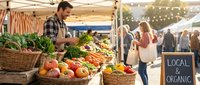 Young male farmer selling fresh organic vegetables at local farmers market with customers browsing produce in wicker baskets under tent canopy.