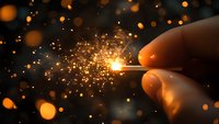Hand holding burning match with bright sparks and bokeh light effects against dark background, creating magical atmosphere and warm glow.