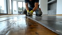Professional contractor in protective gear installing luxury vinyl flooring planks in modern home interior, close-up view of installation process.