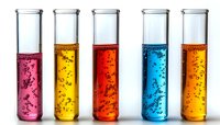 Colorful laboratory test tubes with bubbling liquids in pink, yellow, red, blue and orange, arranged in row on white background, scientific research concept.
