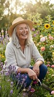 Senior woman with long gray hair, wearing straw hat and light linen shirt, smiling while tending colorful flower garden with sunflowers and lavender on sunny day.