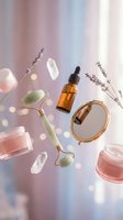 Floating skincare products with jade roller, serum bottles, crystals and lavender on dreamy pastel background for beauty and wellness routines.