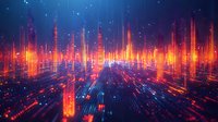 Abstract digital landscape with glowing orange and red light beams rising from blue grid surface against dark background. Futuristic technology concept.