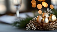 Golden Easter eggs in natural nest with baby breath flowers and pine branches against festive bokeh lights creating magical holiday atmosphere.