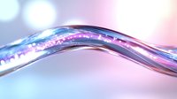 Flowing liquid chrome wave with pink and blue gradient reflections on blurred bokeh background creates modern abstract composition for technology designs.