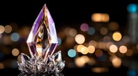 Crystal crown with purple glow against blurred city lights background creates magical atmosphere for fantasy and royal design concepts.