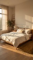 Serene bedroom with wooden bed frame, cream bedding, and natural sunlight streaming through sheer curtains, ideal for home decor and interior design projects.
