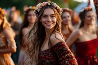 Young woman with flower crown smiling at outdoor festival celebration with friends in background wearing bohemian style clothing for summer events.