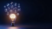 Glowing light bulb with brain inside surrounded by floating science and innovation icons on dark blue background for creative thinking concepts.