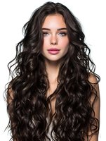 Young woman with long curly dark hair and natural makeup on white background, ideal for beauty, haircare, and cosmetic advertising.