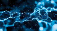 Glowing blue neural network connections on dark background with bokeh effect and light particles, representing artificial intelligence and deep learning.