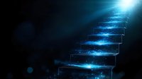 Glowing blue stairway to heaven with light rays and particles in dark space, mystical ascending steps leading upward into bright ethereal light.