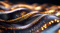 Futuristic digital wave pattern with golden light particles flowing in curved lines against dark background, creating dynamic technology visualization.
