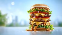Towering triple cheeseburger with melted cheese, fresh lettuce, and dripping sauce against blurred cityscape background. Appetizing fast food photography.