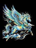 Watercolor pegasus with blue and gold wings, isolated on transparent background, ready for stickers, t-shirt design, sublimation, and print on demand.