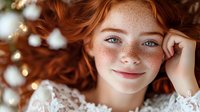 Young woman with red hair, freckles and blue eyes smiling gently while lying down. Natural soft lighting and bokeh effects create dreamy atmosphere. White lace dress adds romantic mood.