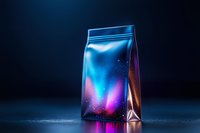 Cosmic design on metallic foil bag with vibrant blue and purple aurora borealis pattern glowing against dark background, product packaging mockup.