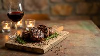 Grilled beef steaks with herbs on wooden board paired with red wine glass and candles creating romantic dinner atmosphere for fine dining experience.