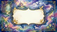 Fantasy fairy tale frame with castle unicorn and magical forest elements on colorful cloudy background for storytelling and design projects.