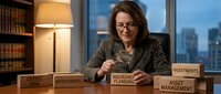 Middle-aged Caucasian businesswoman financial advisor working at desk with investment planning documents in modern office with city view at evening.