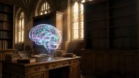 Glowing holographic brain with neural networks floating above antique wooden desk in gothic library with arched windows and old books for neuroscience education.