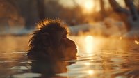 Japanese snow monkey bathes in natural hot spring during golden sunset, steam rising from thermal waters creates mystical atmosphere.