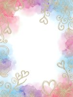 Watercolor frame with gold ornamental hearts and floral elements on pastel pink blue background for wedding invitations and romantic designs.