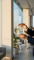 Businessman holding glowing transparent sphere in modern office space representing innovation, technology solutions and future business concepts.