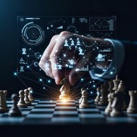 Business strategy concept with hand touching holographic interface above chess board showing data analytics and network connections for strategic planning.