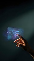 Human hand touching futuristic holographic interface with glowing data visualization and digital analytics dashboard on dark background.