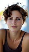 Young Caucasian woman with tousled brown hair and blue eyes in casual tank top, natural makeup and confident expression for lifestyle photography.