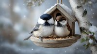 Two chickadees perched together in wooden birdhouse feeder during winter snowfall, creating romantic wildlife scene in snowy forest setting.