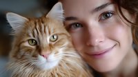 Young woman with gentle smile posing with ginger maine coon cat. Close up portrait showing emotional connection between pet owner and fluffy feline companion.