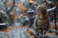 Majestic tabby cat sitting outdoors during snowfall with autumn leaves and bokeh lights creating magical winter atmosphere, seasonal nature photography.