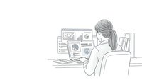 Young professional woman analyzing financial data and charts on computer monitor in modern office workspace for business analytics and reporting.