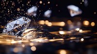 Sparkling diamond with water splashes and golden bokeh lights on dark background, suitable for luxury jewelry, wealth, and premium product advertising.