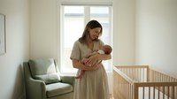 Young Caucasian mother in linen dress tenderly holds newborn in bright nursery room with wooden crib and soft armchair nearby.