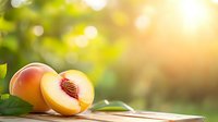 Fresh ripe peach cut in half showing pit on wooden surface with green garden bokeh background and sunlight, natural organic summer fruit.