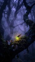 Glowing firefly illuminates moss-covered tree branch in mystical purple twilight forest creating magical atmospheric nature scene for fantasy storytelling.