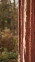 Weathered rust-colored fabric curtain with vertical stripes and faded texture hanging outdoors with blurred autumn foliage background, suitable for home decor and textile design projects.