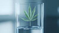 Green cannabis leaf floating in clear water inside glass container against blue background, creating minimalist artistic composition for wellness concept.