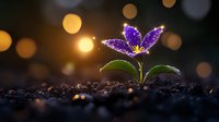 Purple flower seedling growing from soil at sunset with golden bokeh background, symbolizing hope, growth and new beginnings.