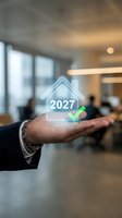 Real estate agent holding glowing house icon with 2027 year and checkmark symbol above palm in modern office environment, representing property investment, future home ownership, and successful real estate transaction planning.