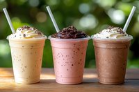 Three colorful smoothies with whipped cream and chocolate toppings in clear cups with white straws on wooden surface against blurred green background.