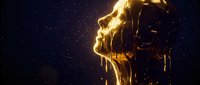 Golden molten liquid dripping and flowing in dramatic streams against dark starry background creating abstract luxury concept for premium design projects.