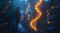 Mysterious hooded figure observing glowing DNA helix structure floating in dark misty forest with magical light particles, science and nature concept.