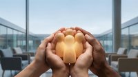 Hands holding glowing light bulb in modern office environment, symbolizing innovation, ideas, teamwork, and business solutions for corporate success.