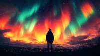 Silhouette of person watching spectacular northern lights aurora borealis display with vibrant red and green colors dancing in starry night sky over city lights.
